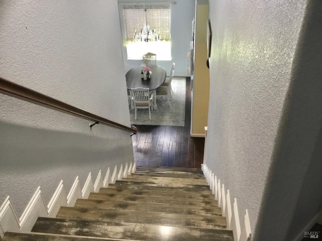 stairs featuring wood finished floors and a textured wall
