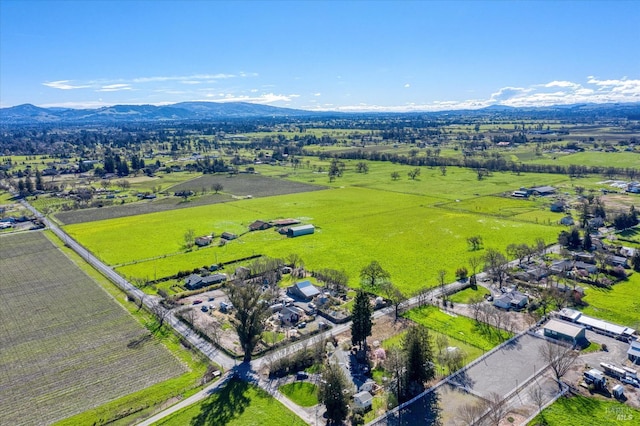 bird's eye view featuring a rural view and a mountain view