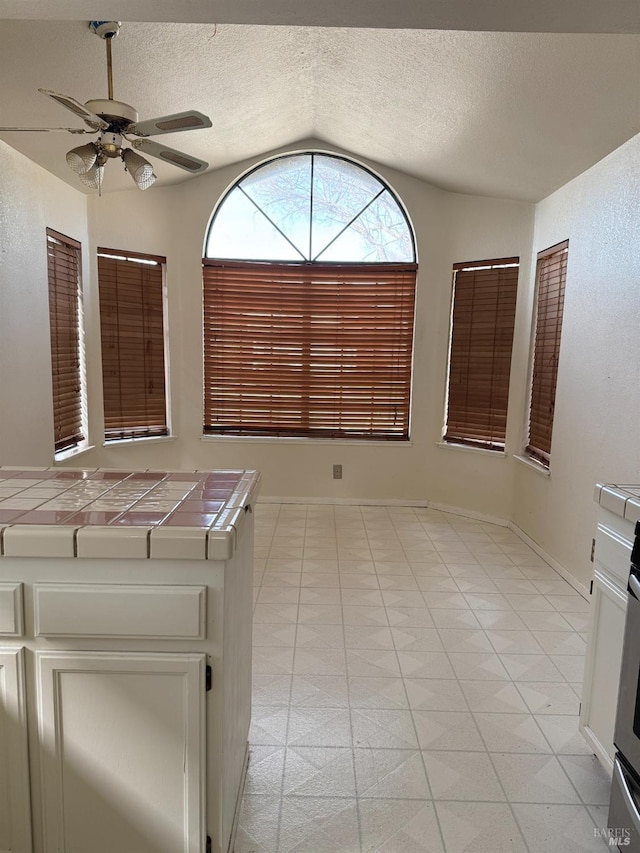 interior space with baseboards, lofted ceiling, a textured ceiling, and a ceiling fan