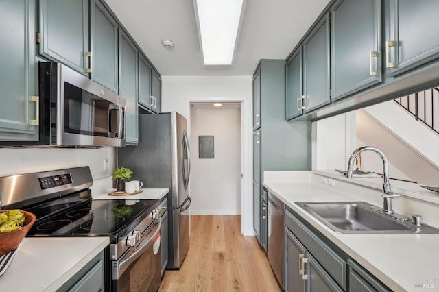 kitchen with baseboards, a sink, stainless steel appliances, light countertops, and light wood-style floors