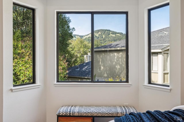 interior space with a mountain view