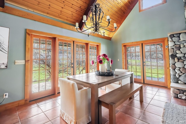 dining space with wood ceiling, a notable chandelier, a healthy amount of sunlight, and light tile patterned floors