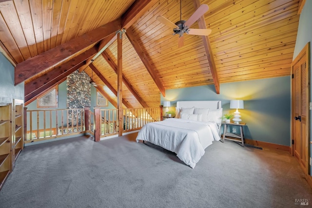 unfurnished bedroom featuring wood ceiling, carpet flooring, vaulted ceiling with beams, and baseboards