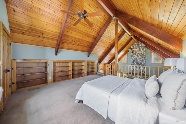 bedroom with carpet, vaulted ceiling with beams, wood ceiling, and visible vents