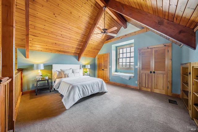 carpeted bedroom featuring lofted ceiling with beams, wood ceiling, baseboards, and visible vents