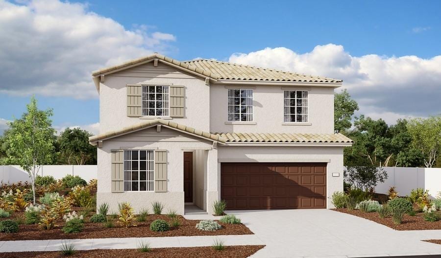 view of front of property featuring fence, driveway, stucco siding, a garage, and a tile roof