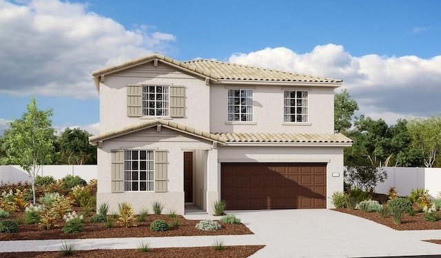 view of front of property featuring fence, driveway, stucco siding, a garage, and a tile roof