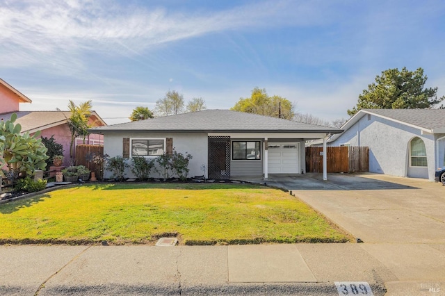 ranch-style house with stucco siding, a front lawn, fence, concrete driveway, and a garage