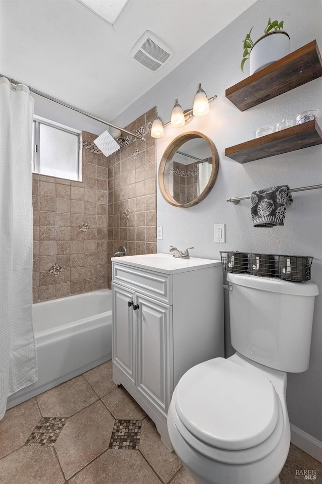 bathroom with vanity, visible vents, tile patterned flooring, shower / bath combination with curtain, and toilet