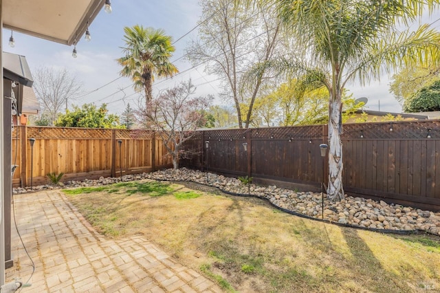 view of yard featuring a patio area and a fenced backyard