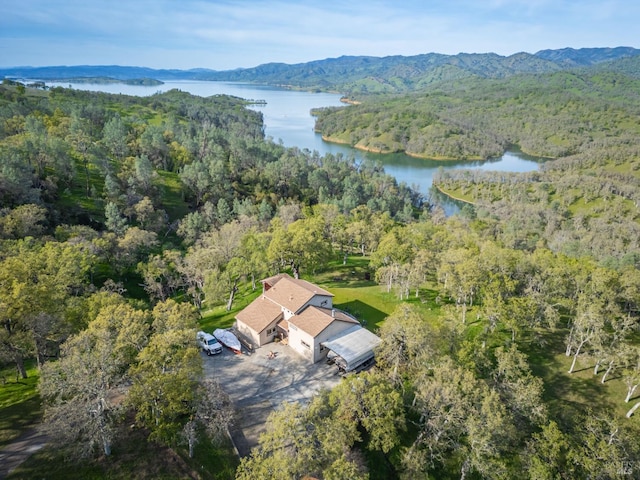 birds eye view of property with a forest view and a water view