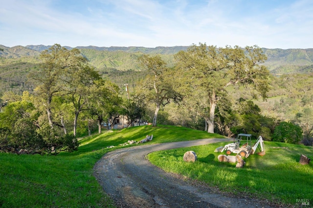 exterior space featuring a wooded view, a lawn, and a mountain view