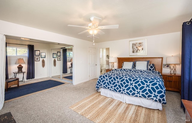 carpeted bedroom featuring a ceiling fan