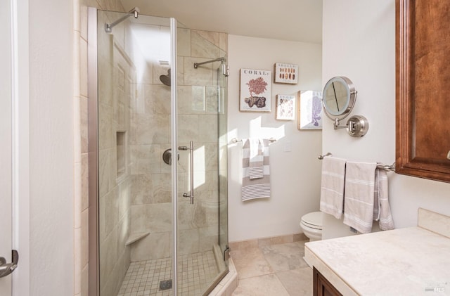 full bath featuring a shower stall, vanity, and toilet