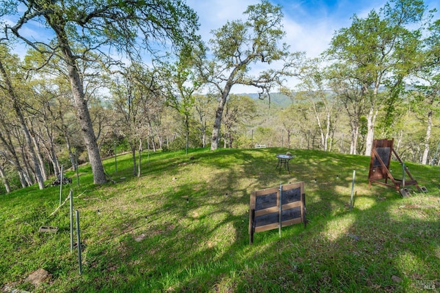 view of yard featuring a wooded view