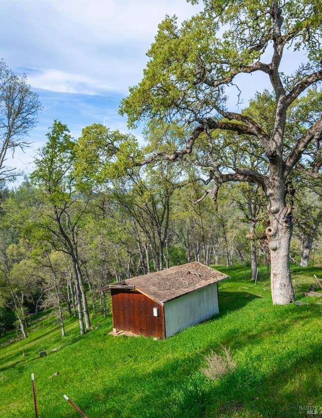 view of yard with a storage unit, an outdoor structure, and a wooded view