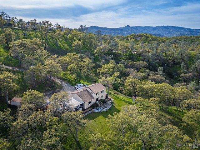 birds eye view of property featuring a mountain view and a forest view