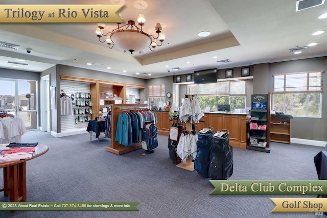 gym featuring visible vents, baseboards, carpet flooring, recessed lighting, and a raised ceiling