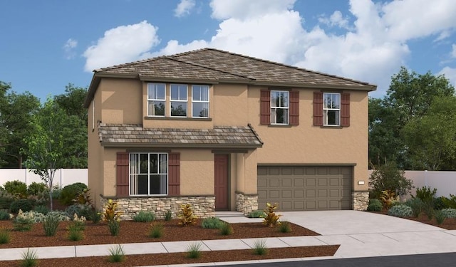 view of front of property with stucco siding, stone siding, driveway, and fence