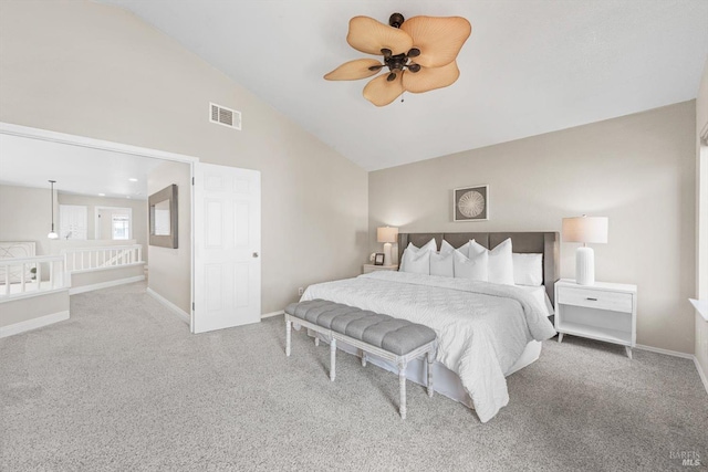 bedroom with visible vents, baseboards, carpet, and ceiling fan