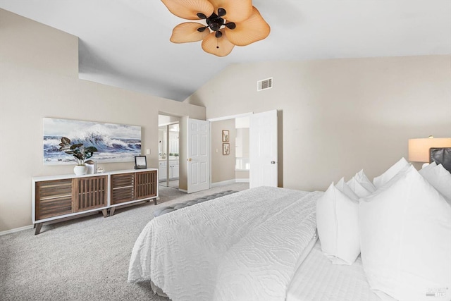 carpeted bedroom featuring vaulted ceiling, baseboards, visible vents, and ceiling fan