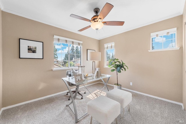 office area featuring crown molding, baseboards, and carpet floors