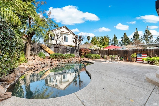 view of pool featuring a fenced in pool, a patio, and a fenced backyard