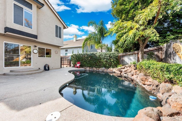 view of swimming pool featuring a fenced in pool, a patio, and a fenced backyard