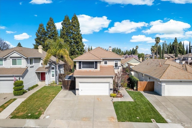 traditional home featuring fence, a residential view, a tiled roof, stucco siding, and driveway