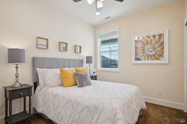 carpeted bedroom with a ceiling fan, recessed lighting, baseboards, and visible vents