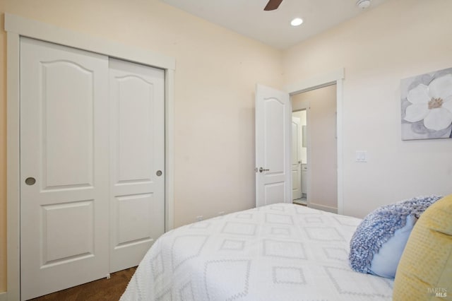 bedroom featuring recessed lighting, a closet, and ceiling fan