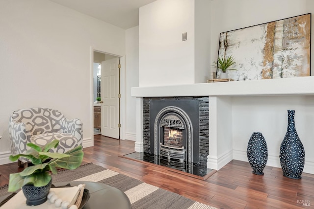 living area featuring a fireplace, baseboards, and wood finished floors