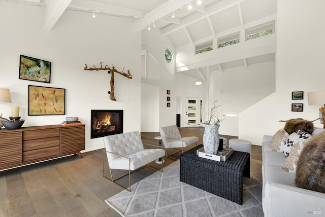 living area featuring beamed ceiling, rail lighting, wood finished floors, high vaulted ceiling, and a glass covered fireplace
