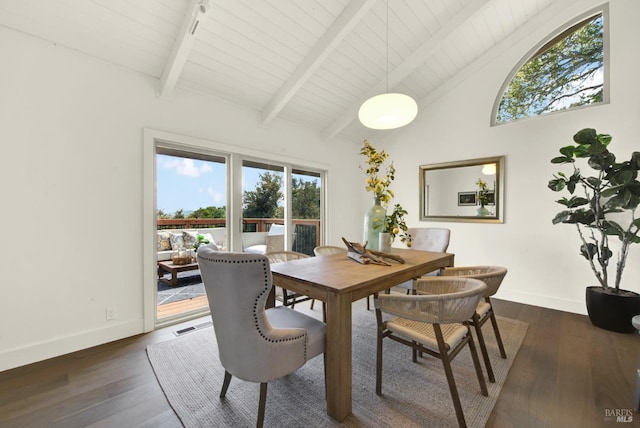 dining space featuring beam ceiling, dark wood-style floors, baseboards, and visible vents