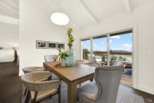 dining space with wood ceiling, vaulted ceiling with beams, dark wood-style floors, and baseboards