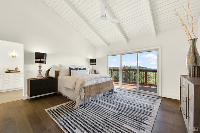 bedroom featuring beamed ceiling, high vaulted ceiling, dark wood finished floors, access to exterior, and baseboards