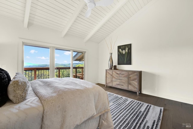 bedroom featuring access to outside, lofted ceiling with beams, wood finished floors, baseboards, and wood ceiling