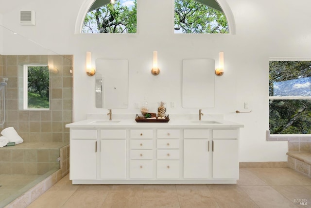 bathroom with double vanity, visible vents, and a sink