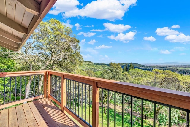 wooden deck with a wooded view