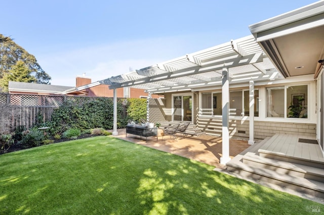 view of yard featuring a patio, a pergola, and fence