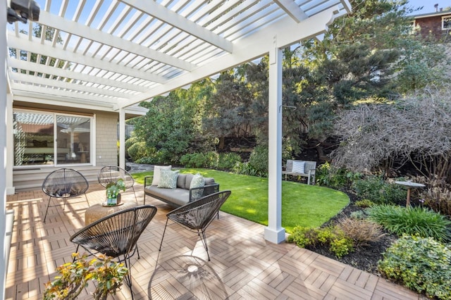 view of patio with an outdoor hangout area and a pergola