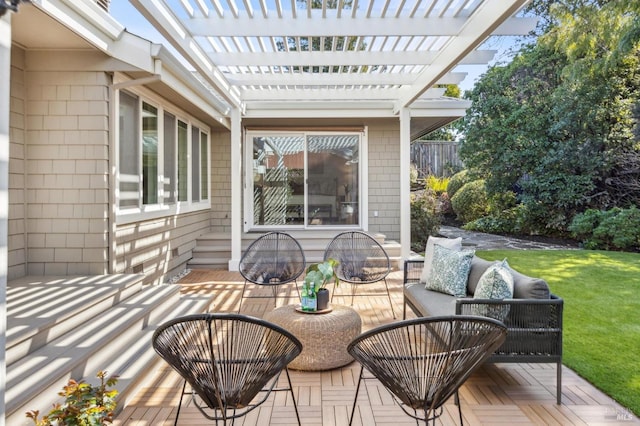 wooden deck with a patio area, an outdoor hangout area, a lawn, and a pergola