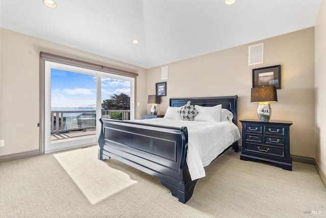 bedroom with visible vents, baseboards, carpet floors, recessed lighting, and access to outside