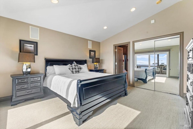 bedroom with access to exterior, visible vents, light colored carpet, vaulted ceiling, and recessed lighting