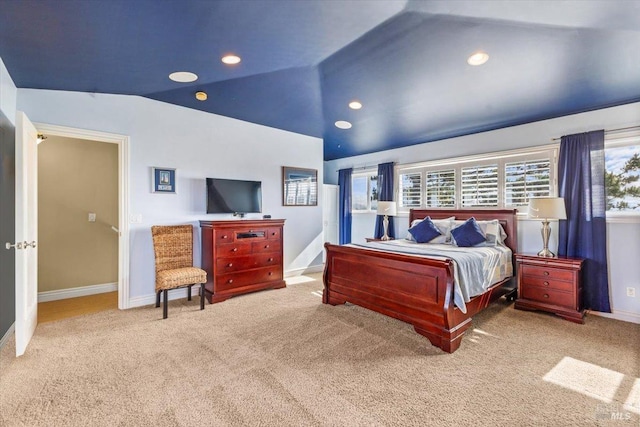 bedroom with carpet flooring, recessed lighting, baseboards, and lofted ceiling