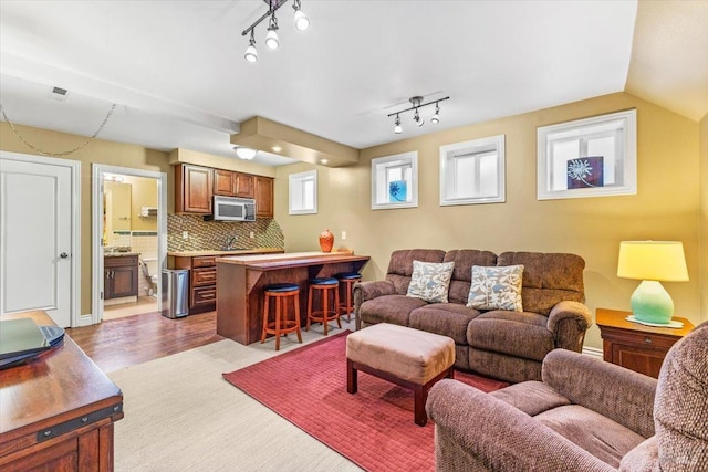 living area with wood finished floors and vaulted ceiling