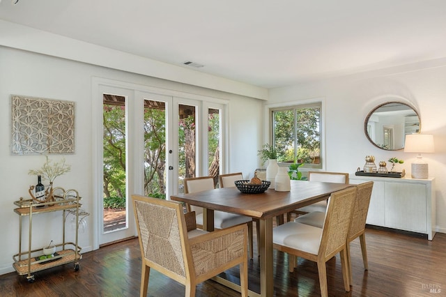 dining space featuring a wealth of natural light, visible vents, and dark wood finished floors