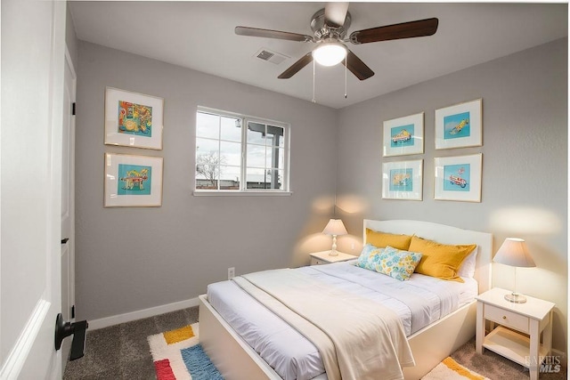 bedroom with a ceiling fan, carpet, visible vents, and baseboards