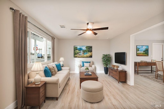 living room featuring visible vents, baseboards, a ceiling fan, and light wood finished floors