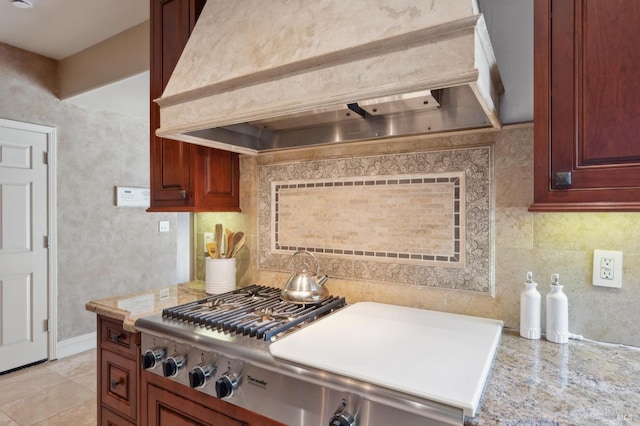 15 Kingswood Dr, Petaluma, CA 94952 - kitchen featuring premium range hood, backsplash, and stainless steel gas cooktop